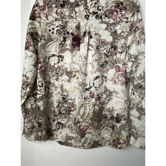 Chicos Beige Satin Print Shirt Size 0 Long Sleeve Button Down Artsy Top Flowers - Picture 12 of 14